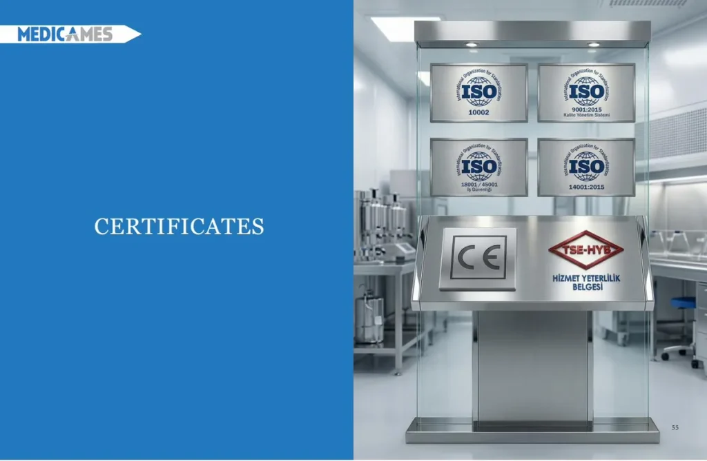 medicames-iso-ce-certifications-medical-cleanroom Medicames certifications — ISO 9001:2015, ISO 14001:2015, ISO 45001, ISO 10002, CE mark, and TSE-HYB compliance