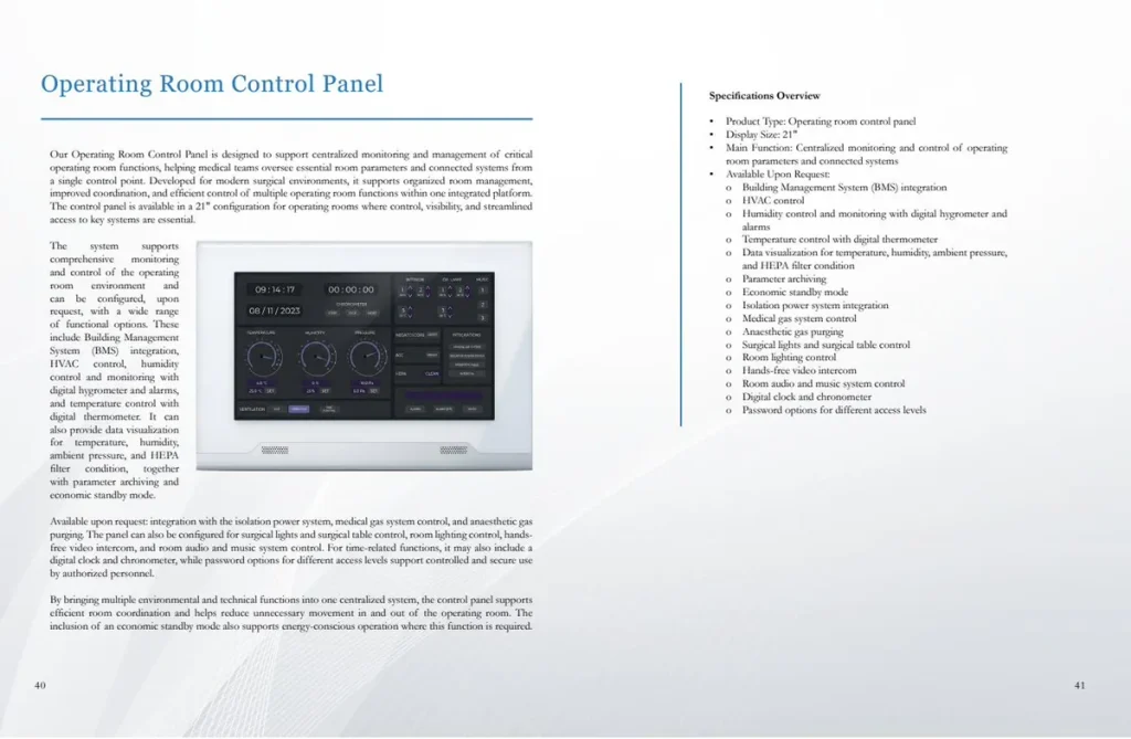 medicames-operating-room-control-panel-systems Medicames operating room control panel — centralised monitoring of HVAC, surgical lights, medical gas, and HEPA filtration