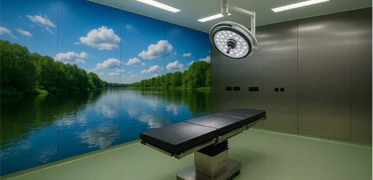 High-resolution printed glass panel on a modular hospital wall